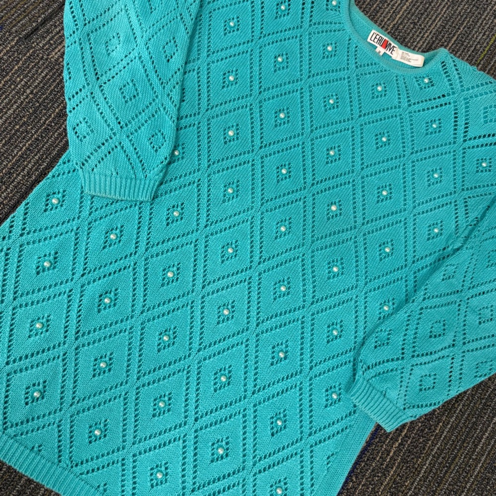 L'eau Vive Vintage Sweater Womens Medium Turquoise Pearl Diamond Knit Excellent